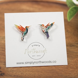 Hummingbird earrings stud small, watercolor earrings acrylic, birthday gift for grandma, bird studs, bird lover gift, hummingbird jewelry image 2