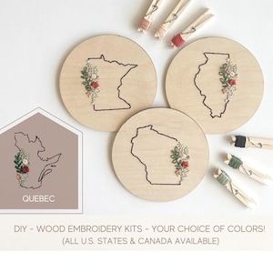 Embroidery kits for beginners, Quebec gift, Quebec decor, birthday gift for mom, wood craft kit, floral embroidery, moving gift for friend