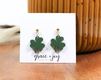 Green shamrock stud dangle earrings, St Pattys Day metallic green earrings, 3 leaf clover earrings small, St Patricks Day shamrock jewelry