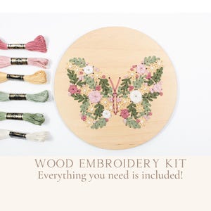 Floral butterfly embroidery kit wood, spring floral embroidery kit, diy gift for her, diy decor, spring tiered tray decor, flower embroidery