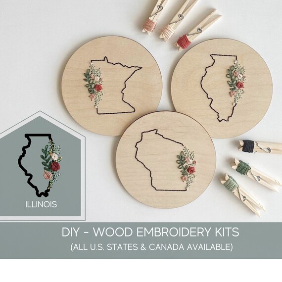 Modern Embroidery Kit for Beginners Wood, Illinois Gift, Illinois Decor,  State Gift, Home State Embroidery, Gifts Under 20, Lake House Decor 