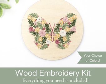 Floral butterfly embroidery kit wood, spring floral embroidery kit, diy gift for her, diy decor, spring tiered tray decor, flower embroidery