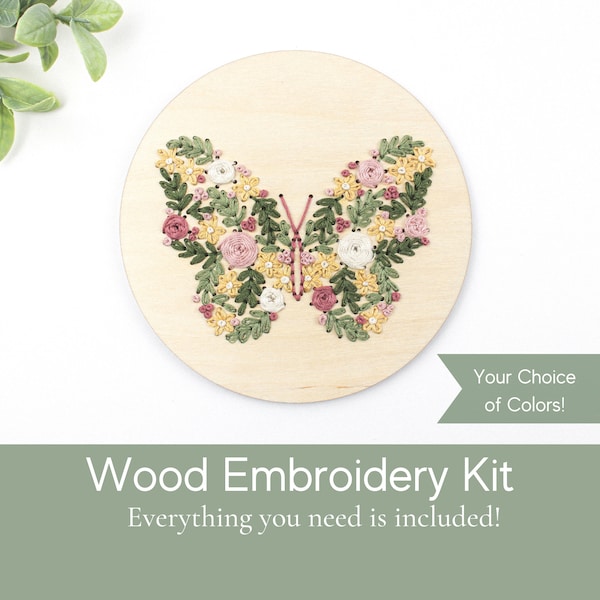 Floral butterfly embroidery kit wood, spring floral embroidery kit, diy gift for her, diy decor, spring tiered tray decor, flower embroidery