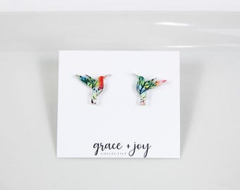 Petit clou de boucles d'oreilles colibri, boucles d'oreilles aquarelle acrylique, cadeau d'anniversaire pour grand-mère, clous d'oreilles oiseaux, cadeau pour amoureux des oiseaux, bijoux colibri