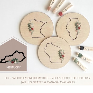 Embroidery kit for beginners wood, craft kit for beginner, learn to embroider kit, state embroidery kit, floral embroidery, Kentucky gifts