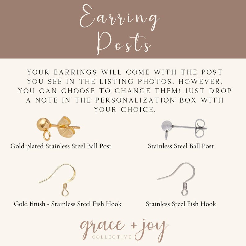 May include: Image showcasing earring posts: gold-plated stainless steel ball post, stainless steel ball post, gold finish stainless steel fish hook, and stainless steel fish hook. Text reads "Earring Posts" and details about choosing earring posts.