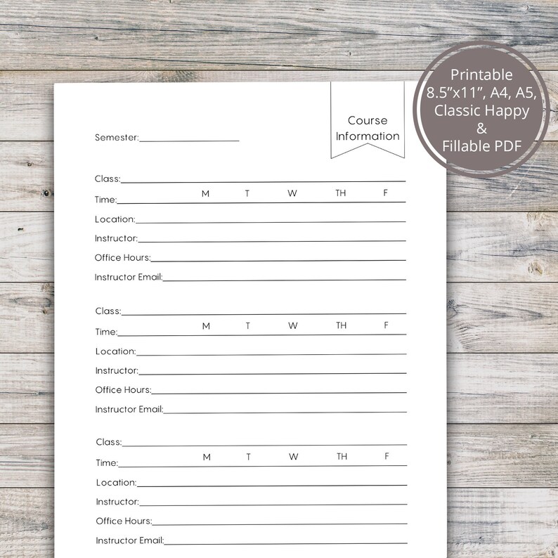 College Course Planner Course Info Printable Semester Etsy
