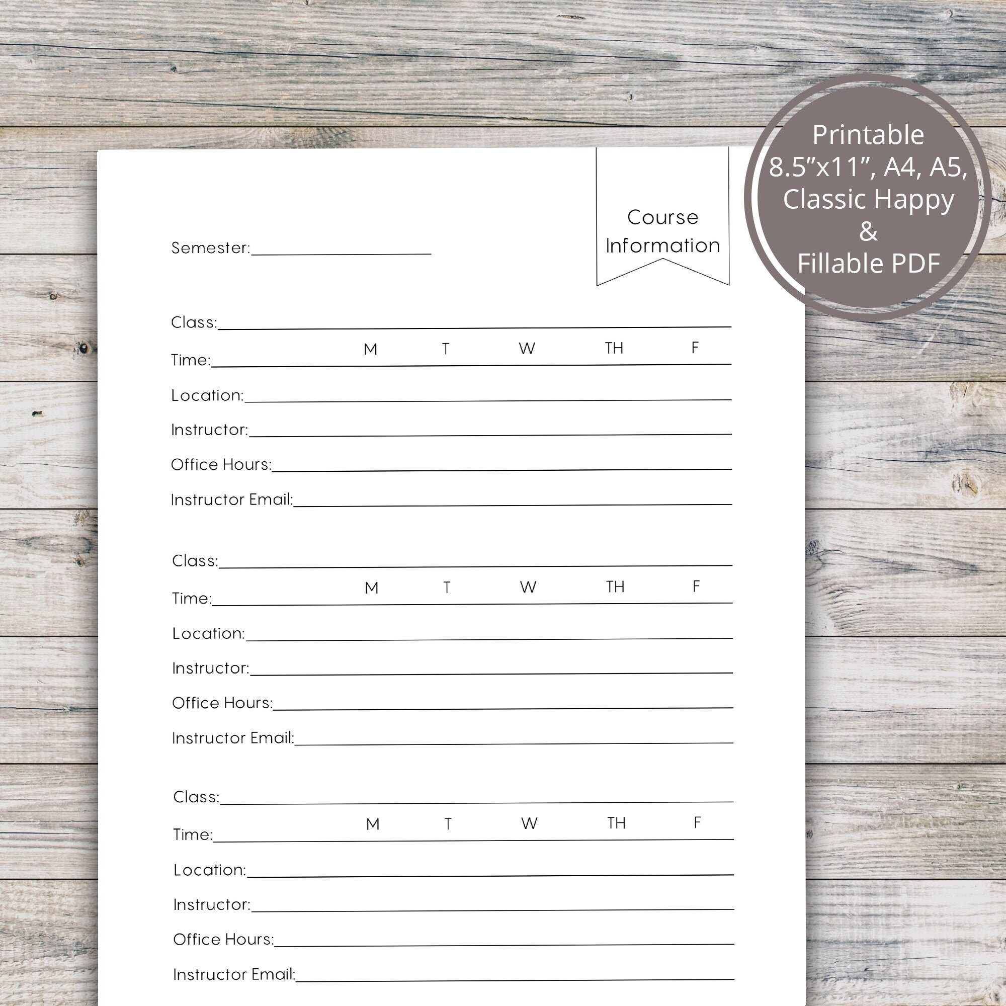 College Course Planner Course Info Printable Semester Etsy