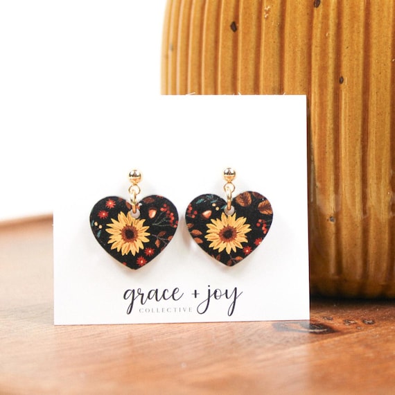 Fall sunflower earrings, fall lover gift, fall heart earrings, boho earrings for her, birthday gift for wife, lightweight acrylic earrings