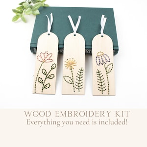 Bookmark embroidery kit wood, set of 3 bookmarks, Easter basket stuffers for girls, floral bookmark, embroidered bookmark, flower embroidery