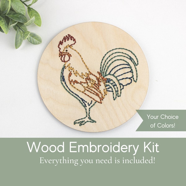 Embroidery kit wood, diy embroidery kit for beginner, rooster gift, rooster embroidery design, homemade farmhouse decor, chicken lover gift