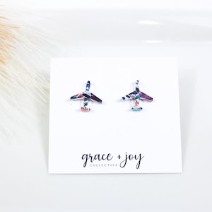 Airplane stud earrings, floral earrings, flight attendant gift, birthday gift for pilot, aviation gift for women, unique earrings, small