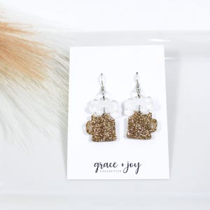 Beer stein earrings dangle, beer mug earrings acrylic, gold sparkle earrings, St. Patty&#39;s day earrings, Octoberfest earrings, statement