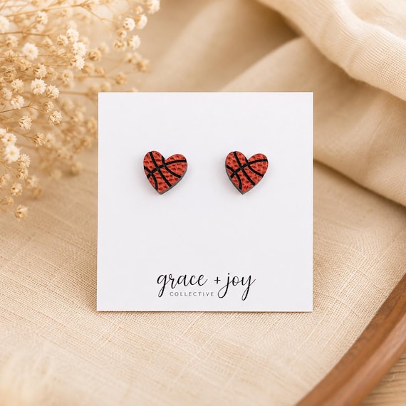 Basketball heart earrings acrylic, basketball earrings stud, basketball lover gift for women, basketball team gift, basketball jewelry