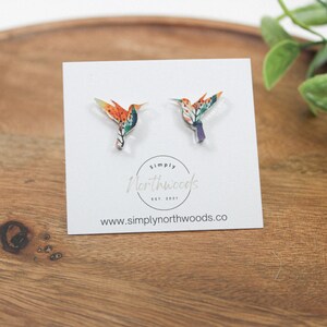 Hummingbird earrings stud small, watercolor earrings acrylic, birthday gift for grandma, bird studs, bird lover gift, hummingbird jewelry image 4