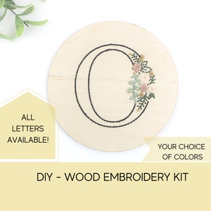 Embroidery kit for beginner wood, botanical embroidery kit, floral embroidery gift, family initial gift, craft party kit, learn to sew, best