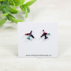 Airplane stud earrings, floral earrings, flight attendant gift, birthday gift for pilot, aviation gift for women, unique earrings, small