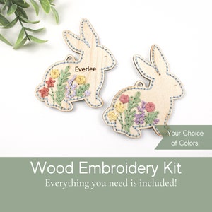 Embroidery kit wood, bunny embroidery, pastel Easter decor reusable, personalized Easter basket tag, Easter basket stuffers for girl, floral