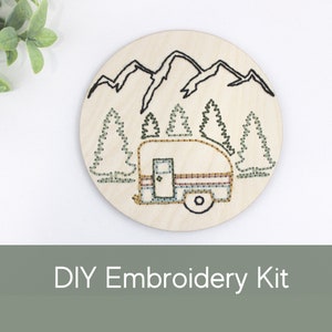Diy embroidery kit beginner wood, diy camper kit wood, camper embroidery pattern, camper decor, camping gifts for women, craft for women