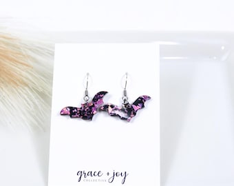 Pendientes de murciélago rosa y negro, pendientes de Halloween para mujer, pendientes colgantes, pendientes llamativos, pendientes gruesos con purpurina, truco o trato