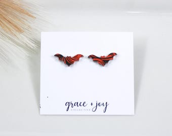 Orange and black bat stud earrings, Halloween earrings for women, fall earrings, fall stud earrings small, hypoallergenic earrings, mirror