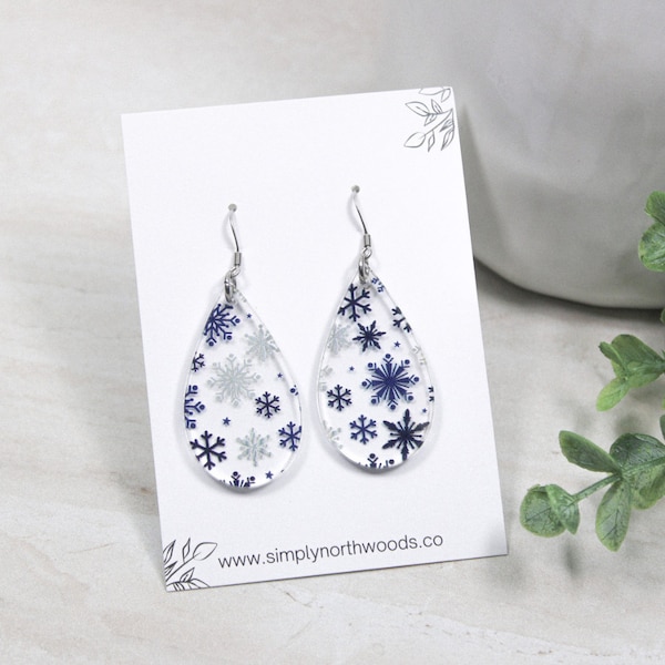 Blue snowflake earrings for women, winter snowflake earrings, Norwegian Christmas earrings, secret santa gift, stocking stuffers for girl