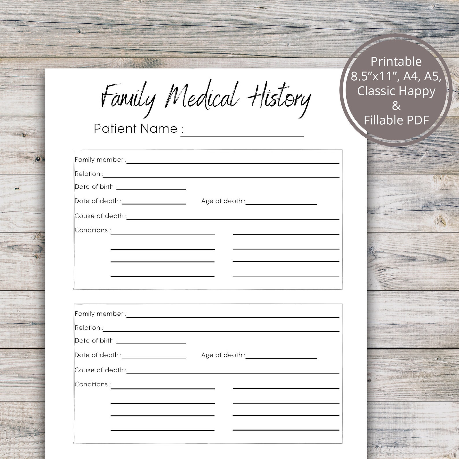 Medical History Printable Family History Chart Medical Etsy