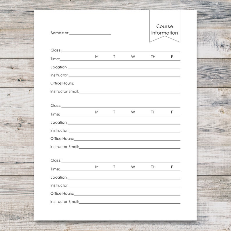 College Course Planner Course Info Printable Semester Etsy