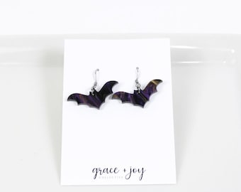 Pendientes de murciélago morado y negro, pendientes de Halloween para mujer, pendientes colgantes, pendientes llamativos, pendientes de purpurina gruesa, truco o trato