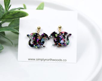Dragon dangle earrings, chunky glitter dragon earrings, dnd gift for girls, dnd earrings, fantasy earrings, Christmas gift for gamers, light