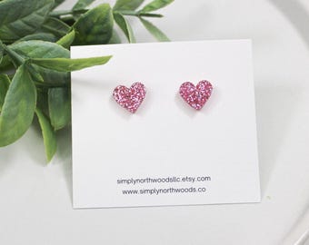 Pink glitter heart stud earrings, small stud acrylic earrings, valentines day gift, stocking stuffer for girls, easter basket stuffer for