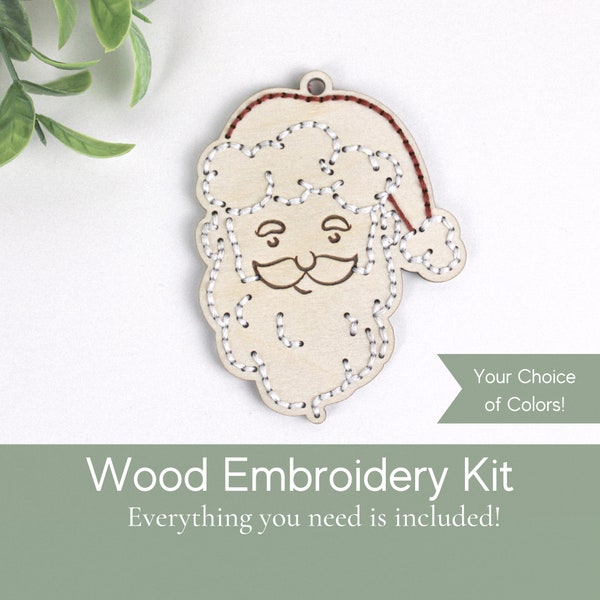 Santa embroidered ornament, diy embroidery kit for beginner, homemade ornament wood, diy wood ornament, craft kit for adults, small