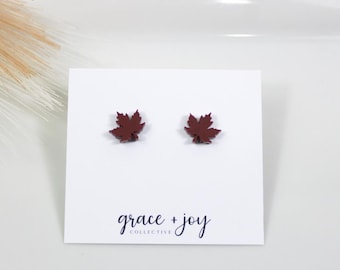 Pendientes de botón de hoja burdeos, pendientes de hoja de otoño para mujer, pendientes de otoño, pendientes de botón de otoño pequeños, pendientes de otoño, joyas de hoja de otoño con purpurina