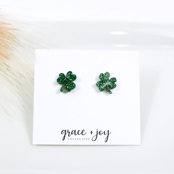 Green shamrock stud earrings, glitter green earrings for women, St Pattys Day earring, St Patricks Day stud earrings small, hypoallergenic
