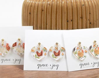 Huhn Ohrringe Acryl, Huhn Liebhaber Schmuck, Bauernhof Mutter Geschenk, Gehöft Ohrringe, Huhn Mutter Ohrring, ich liebe Hühner Geschenk für Freundin