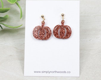 Pumpkin glitter earrings, fall theme earrings, acrylic glitter pumpkin earrings, statement earrings, chunky earrings for women, for teacher