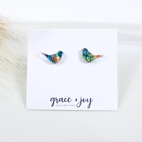 Bird earrings stud, small stud earrings, songbird earring, birthday gift for bird lover, nature lover gift, colorful earring acrylic