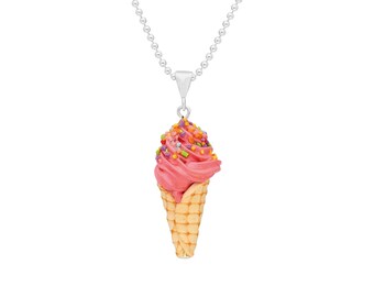 Handmade Polymer Ice Cream Cone with Silver Necklace
