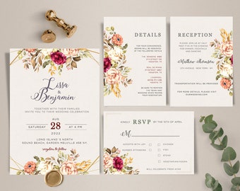 Wedding invitation, Flower wedding Template Set, Editable Invitation, Printable Invite for Wedding, WeddingInstant Download, Elegant Wedding