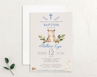 Baptism, Baby boy Baptism, Invitation, Baptism Invitation, Invitacion Bautizo, Baptism Template, Printable bear Baptism Invite Editable