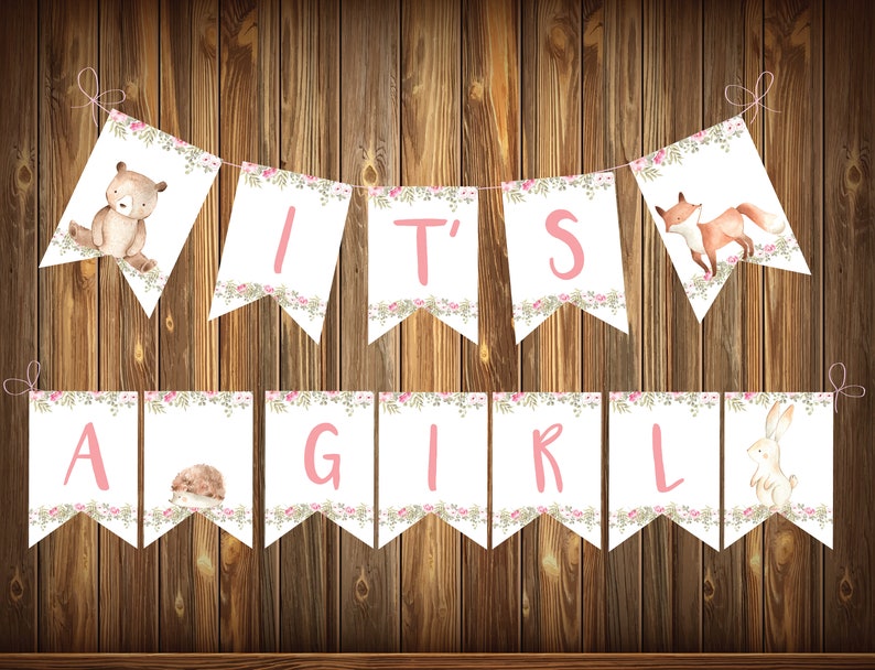 shower decoration Instant download Banner it/'s a Girl Woodland Baby Shower Woodland animals baby shower Printable Banner