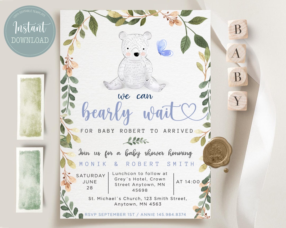 Editable We Can Bearly Wait Baby Shower Invitation Boy Teddy Bear ...