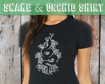 Ladies Snake and Orchid T Shirt, Comfy Cotton Blend Reptile Shirt, Cool Snake Clothing, Slim Fit Womens Shirt, snake tattoo shirt