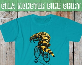 Gila Monster Shirt, Gila Monster on a bike, bicycle animal, reptile riding a bike, bike shirt, Unisex Softstyle T-Shirt