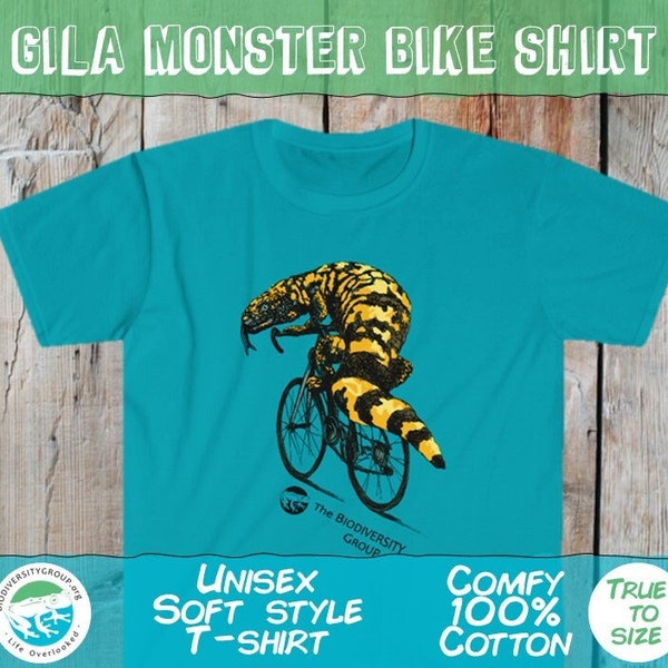 Gila Monster Shirt, Gila Monster on a bike, bicycle animal, reptile riding a bike, bike shirt, Unisex Softstyle T-Shirt