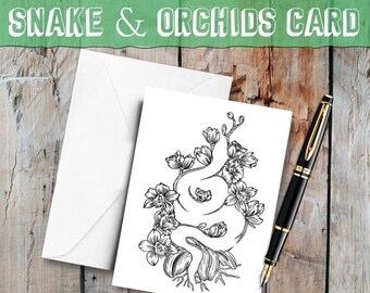 Snake and Orchids Art Card, Snake notecard, black and white animal card, snake silhouette, biodiversity card, snake and flowers