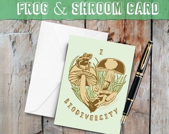 Frog and Mushroom Card, I heart Biodiversity Card, Frog card, mushroom love card, frog love illustration greeting card