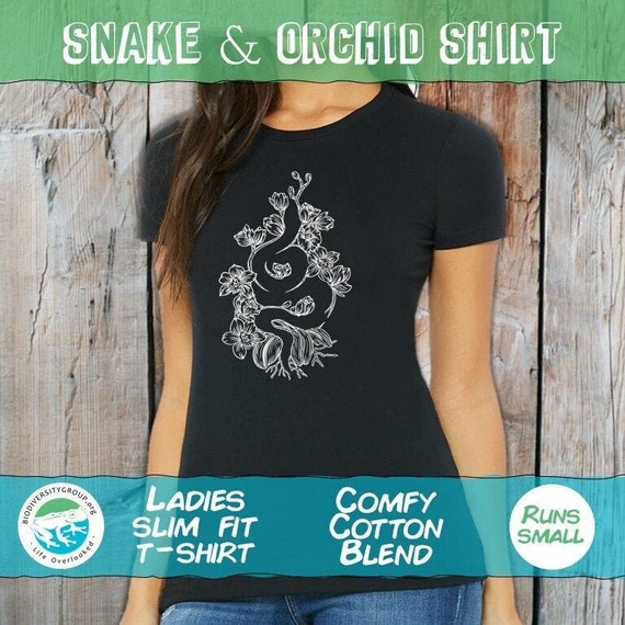 Ladies Snake and Orchid T Shirt, Comfy Cotton Blend Reptile Shirt, Cool Snake Clothing, Slim Fit Womens Shirt, snake tattoo shirt