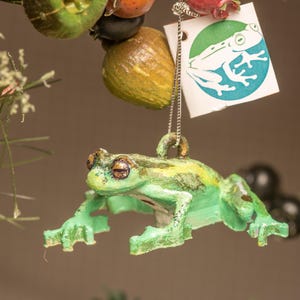 May include: A green and yellow frog ornament with a detailed design, hanging from a silver chain. A small tag with a frog illustration is attached. The ornament is part of a nature-themed display.