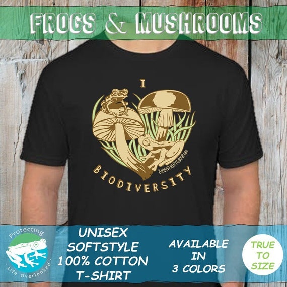 Unisex Glass Frog and Mushroom Softstyle T-Shirt, Frog and Shrooms, I Love Biodiversity, Frog shirt, mushroom shirt